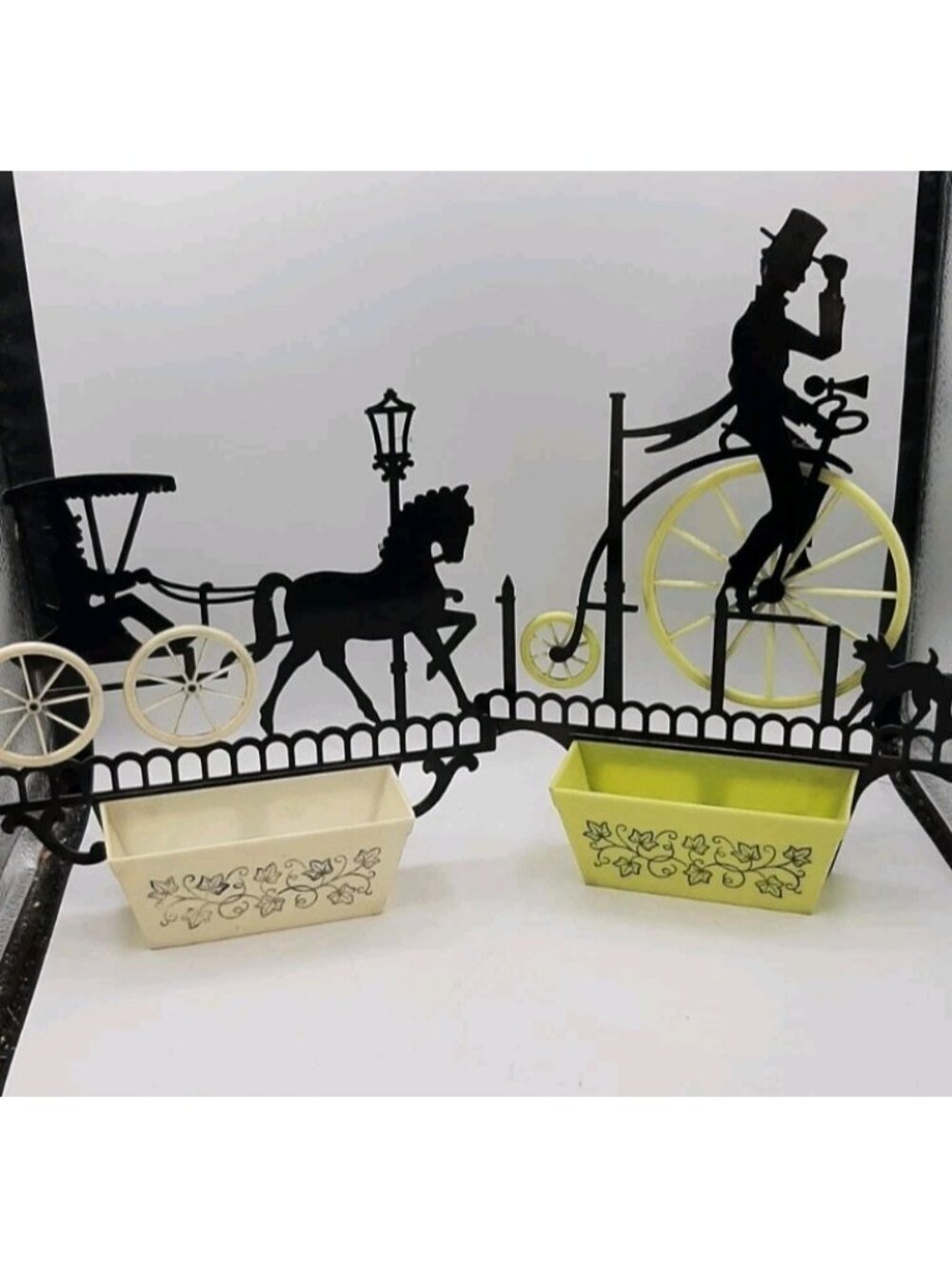 Set of 2 Vtg Plastic 50s Mail Holder Wall Decor Man Carriage Horse Bicycle Dog